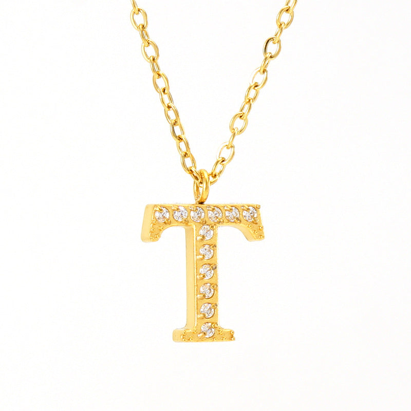 Stainless Steel Diamond-filled 26 English Letter Pendant Necklace