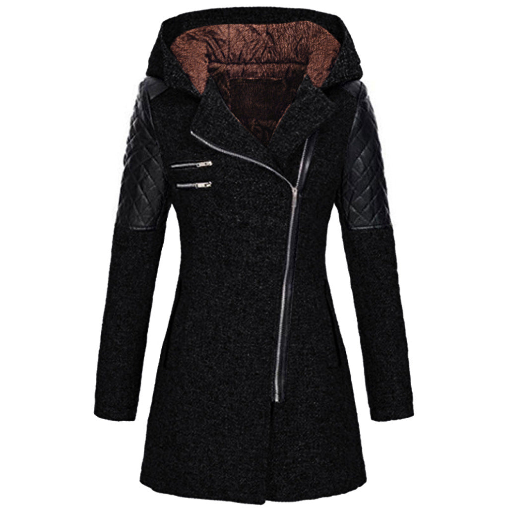 Women Warm Slim Full Zipper Coat Thick Woolen Coat Female Fall Winter Windbreaker Hooded Diagonal Zipper Women's Clothing