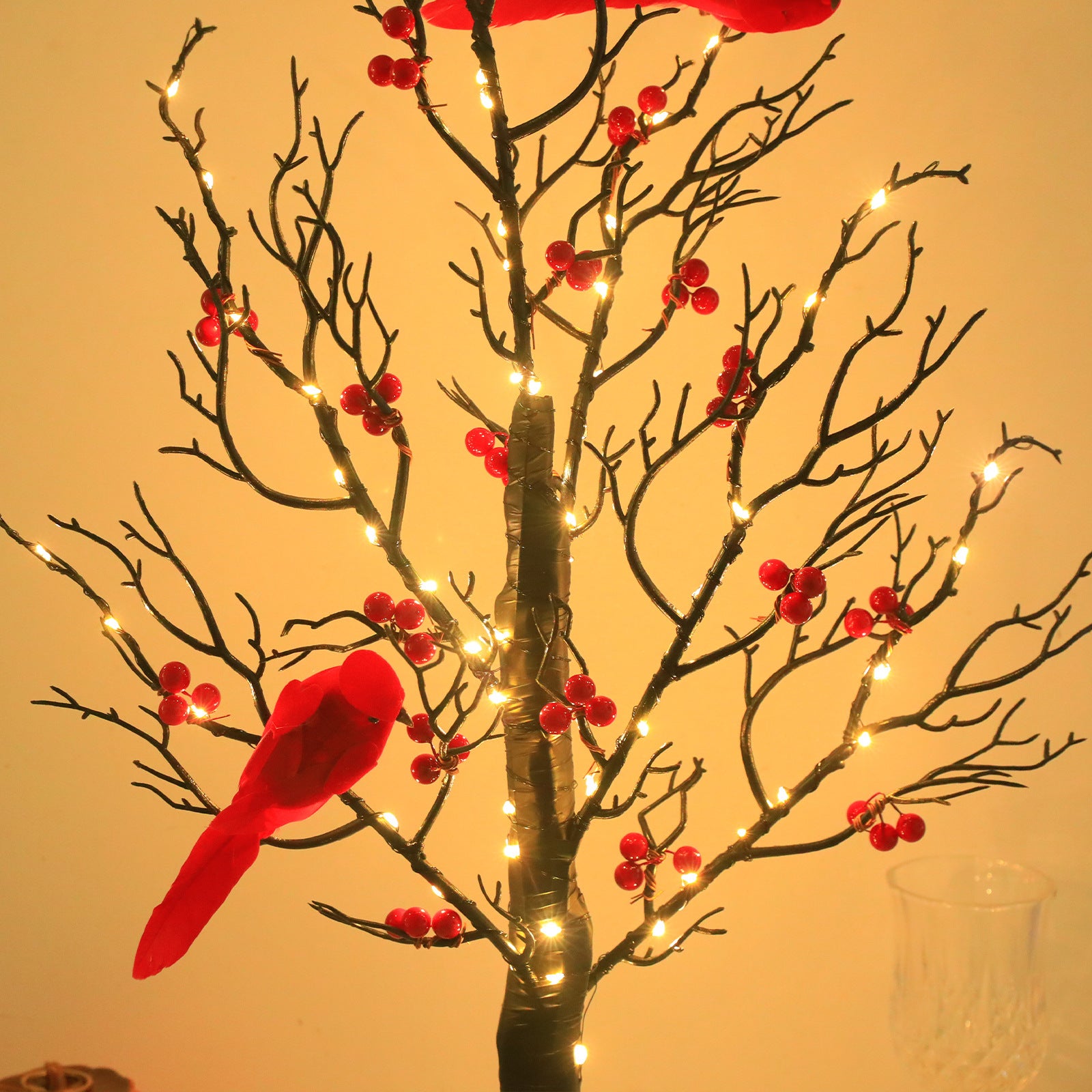 Lighted Mini Birch Tree Light LED Cardinals Christmas Tree Vintage Glowing Tree Light For Table Holiday Home Xmas Decoration