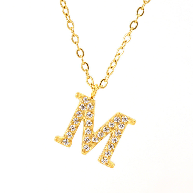 Stainless Steel Diamond-filled 26 English Letter Pendant Necklace