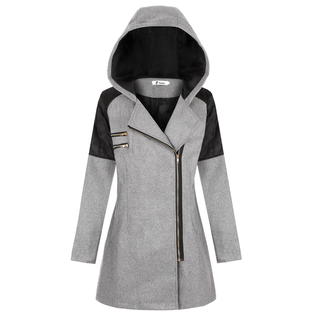 Women Warm Slim Full Zipper Coat Thick Woolen Coat Female Fall Winter Windbreaker Hooded Diagonal Zipper Women's Clothing