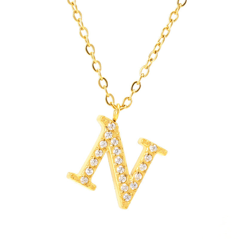 Stainless Steel Diamond-filled 26 English Letter Pendant Necklace